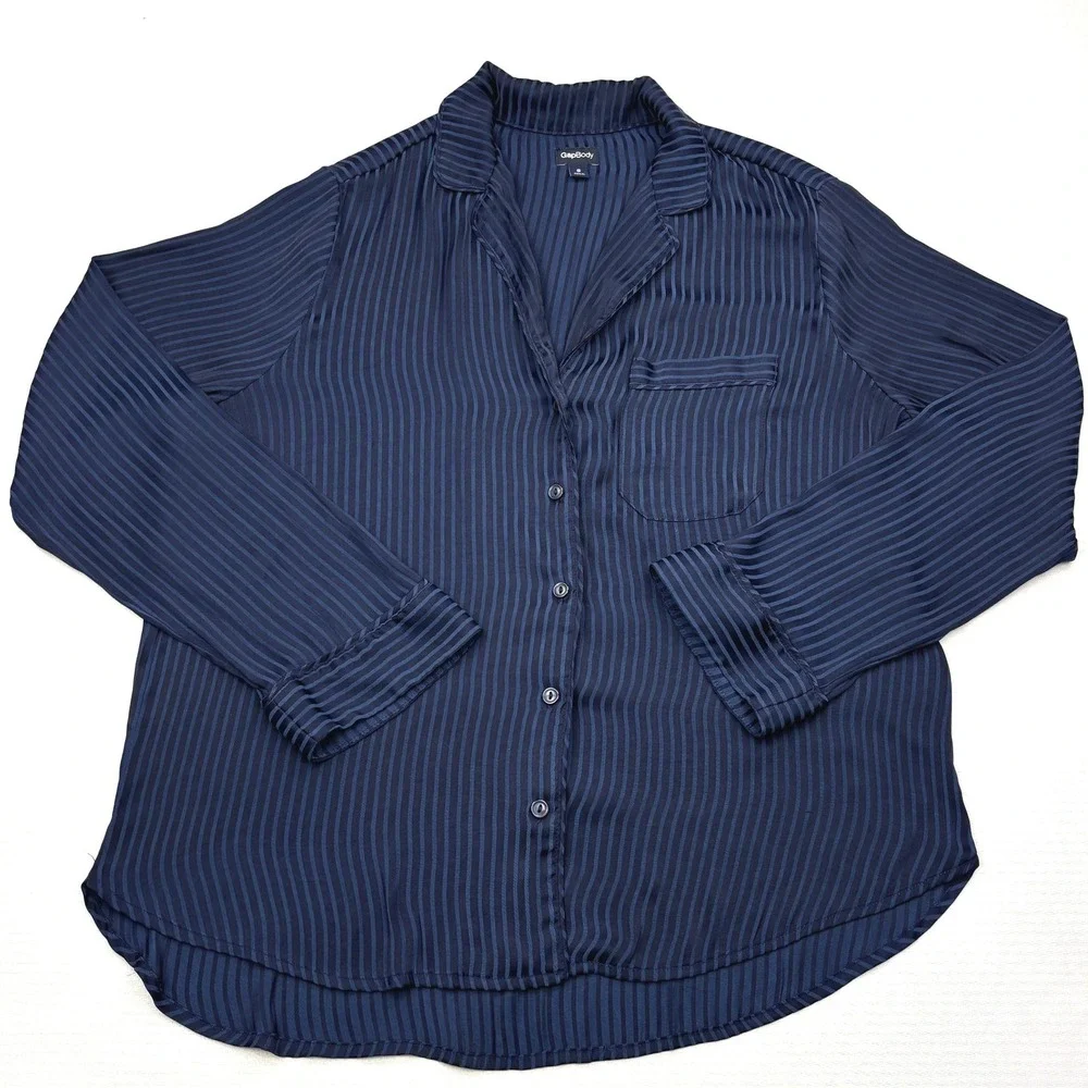 GapBody Pajama Shirt Womens Small Navy Blue Striped Button Front Sleep Lounge S